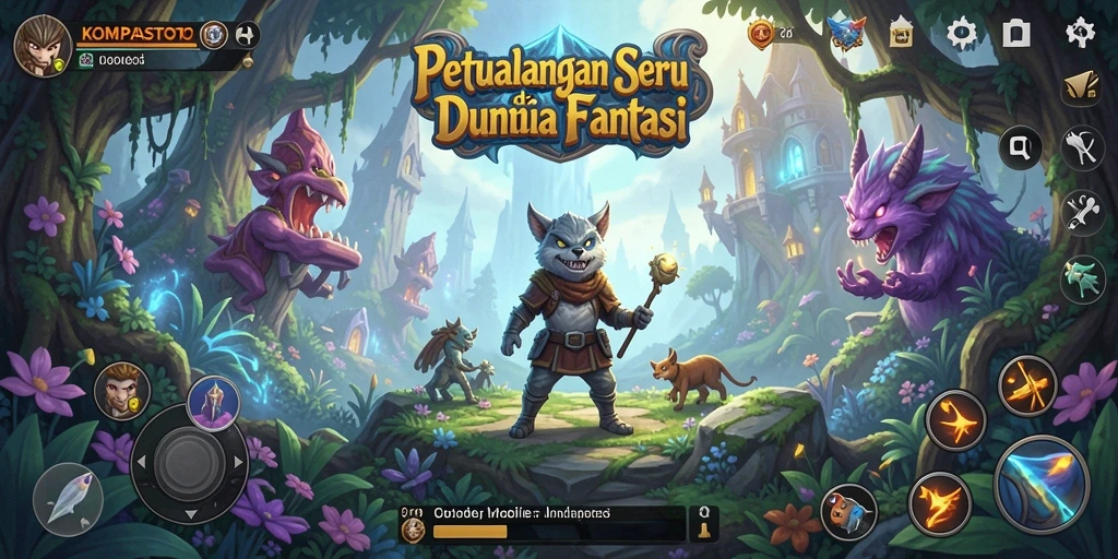Screenshot utama menunjukkan karakter beraksi dalam perjalanan petualangan.