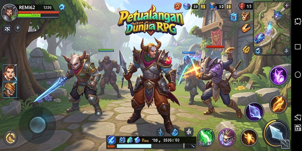 Menggambarkan aksi seru dalam permainan RPG REMI62 yang menampilkan karakter-karekter menakjubkan.